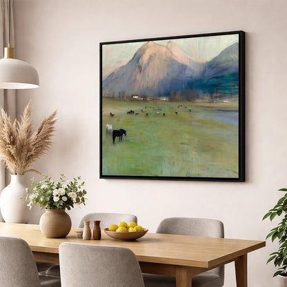 Alpine Grazing horse landscape wall art displayed in a dining room