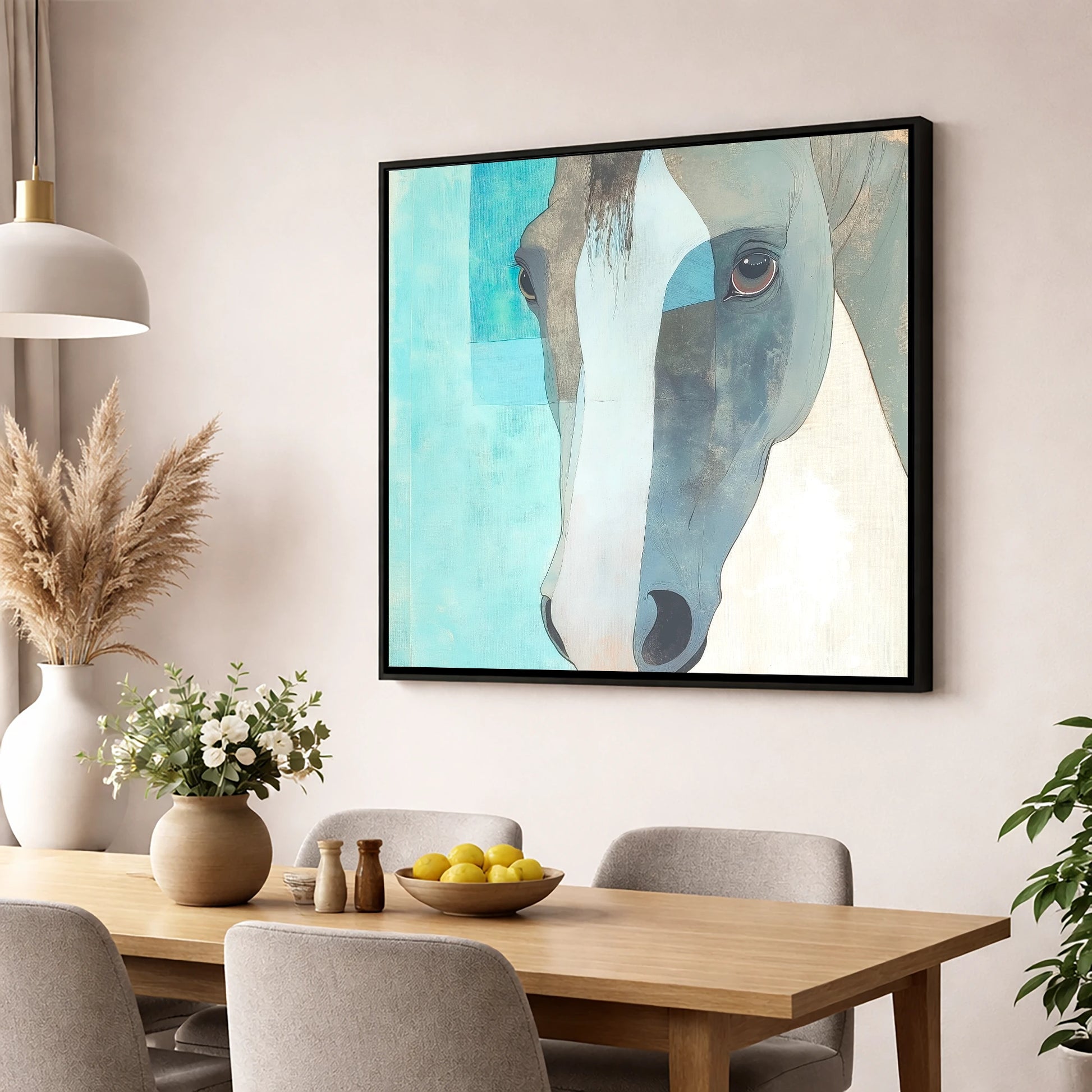Modern Grey Gaze horse portrait wall art displayed in a dining room