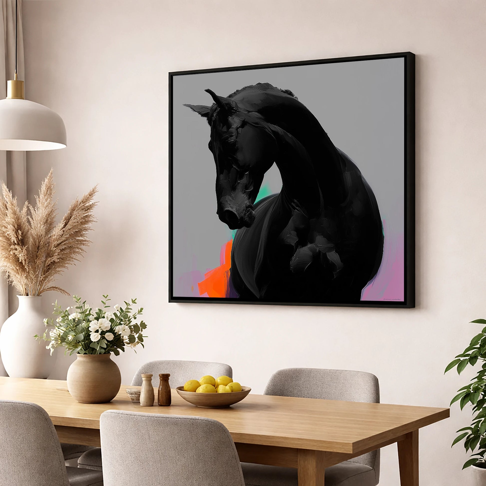Sculpted Obsidian horse breed wall art displayed in a dining room