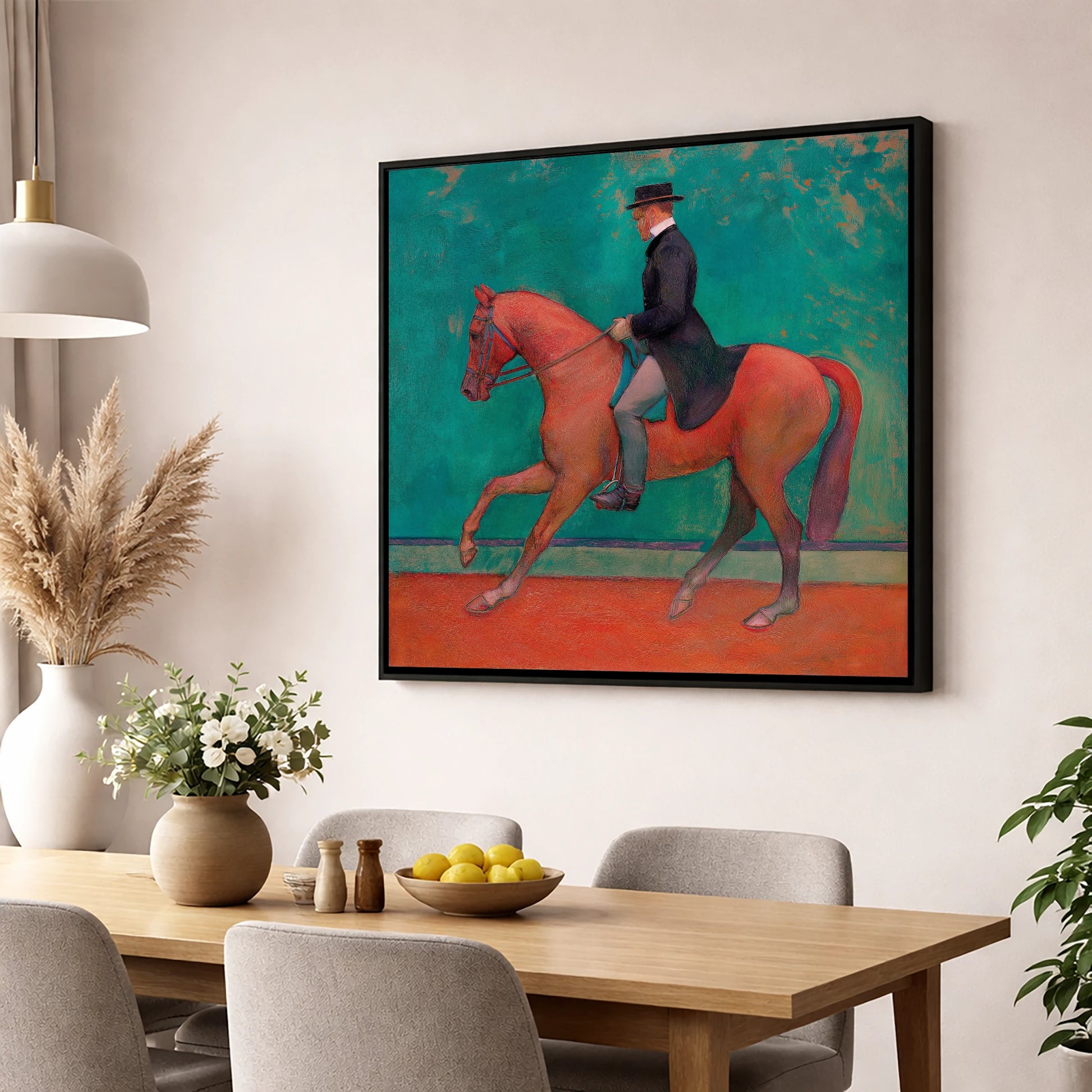 The Emerald Passage dressage horse wall art displayed in a dining room