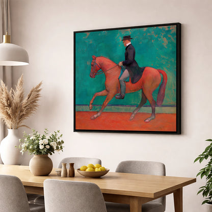 The Emerald Passage dressage horse wall art displayed in a dining room