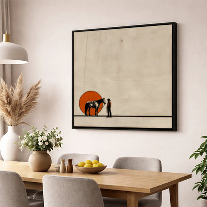 Frontier Sun Silhouette western horse wall art displayed in a dining room