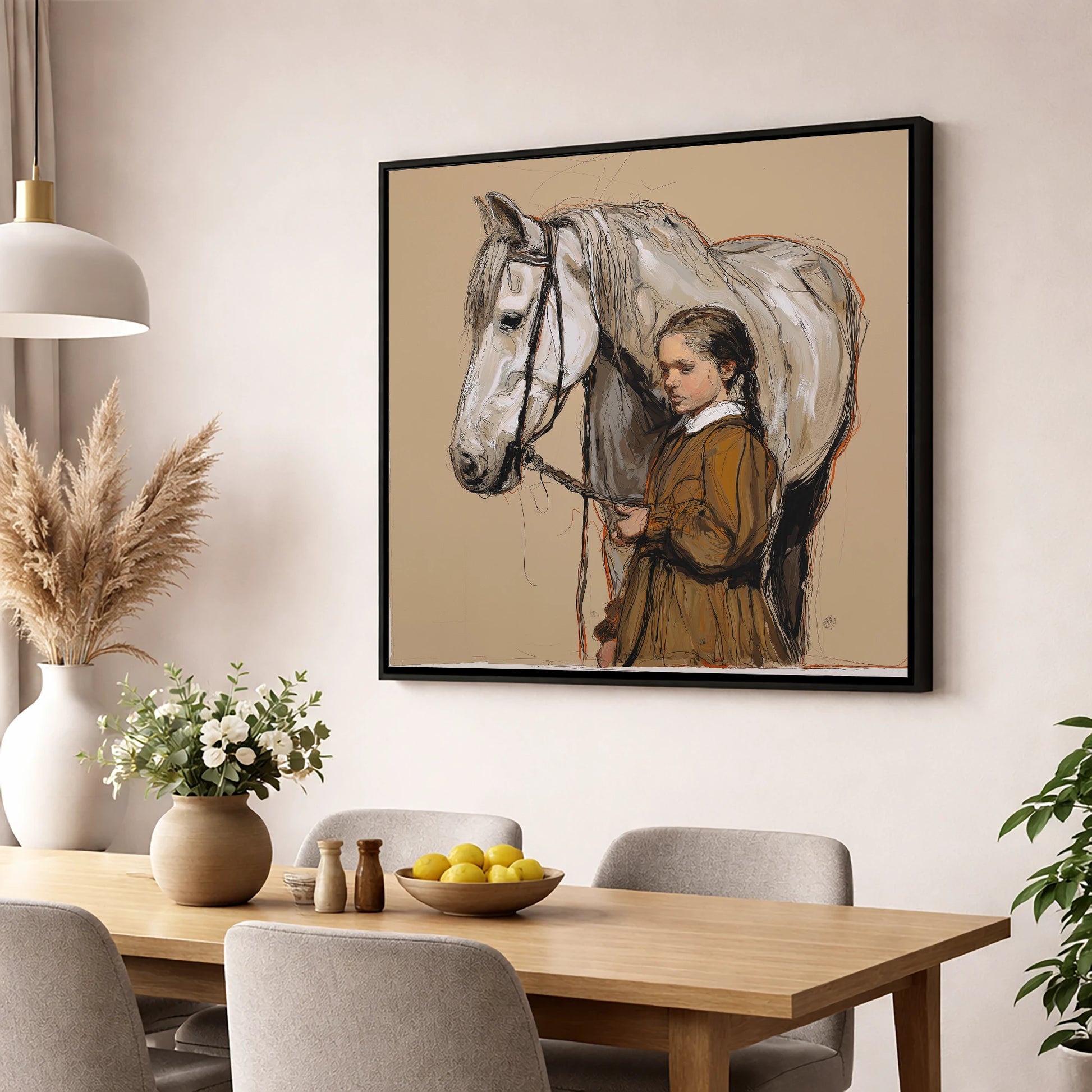 Gentle Guidance horse & rider wall art displayed in a dining room