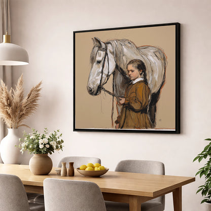 Gentle Guidance horse & rider wall art displayed in a dining room