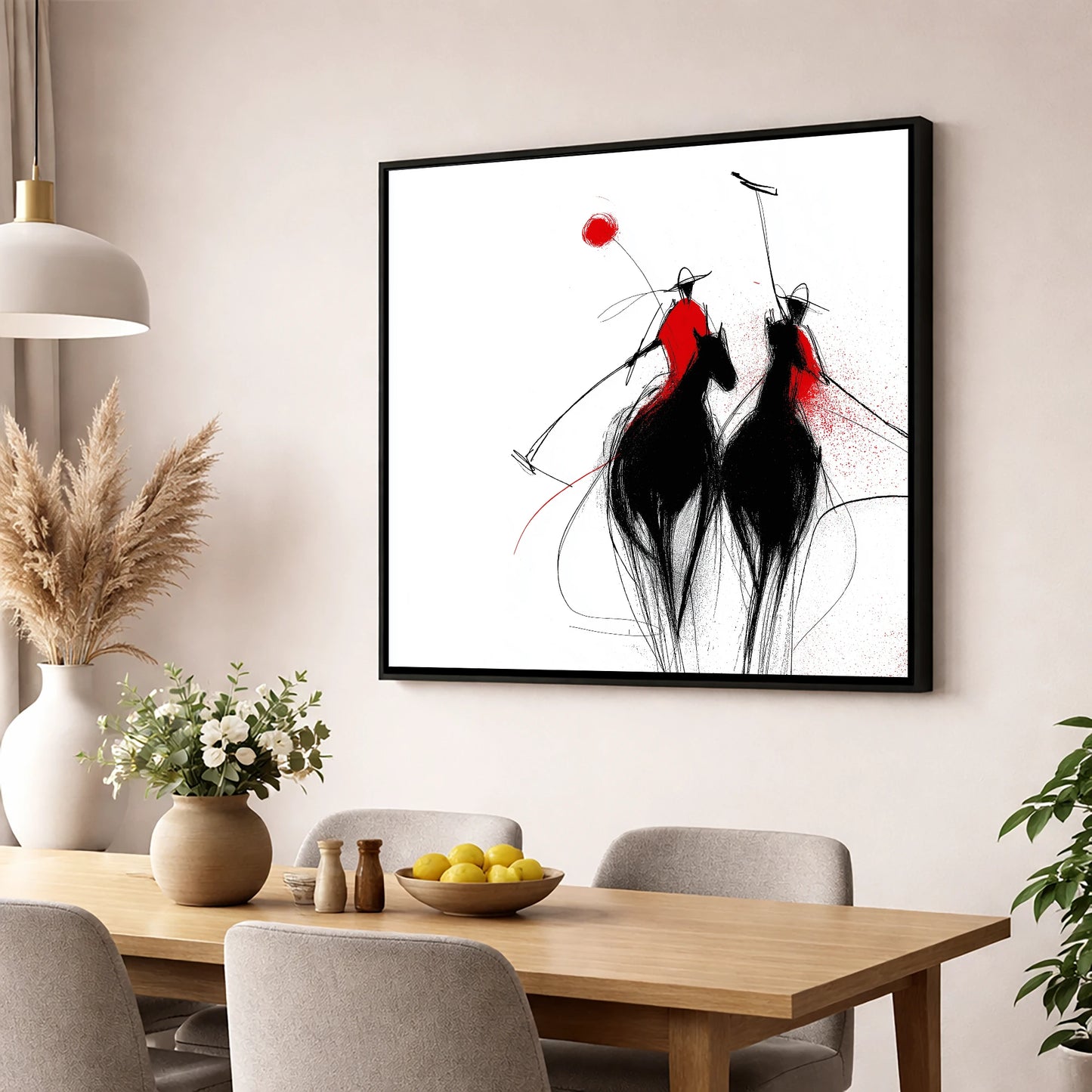 Crimson Chukka polo horse wall art displayed in a dining room