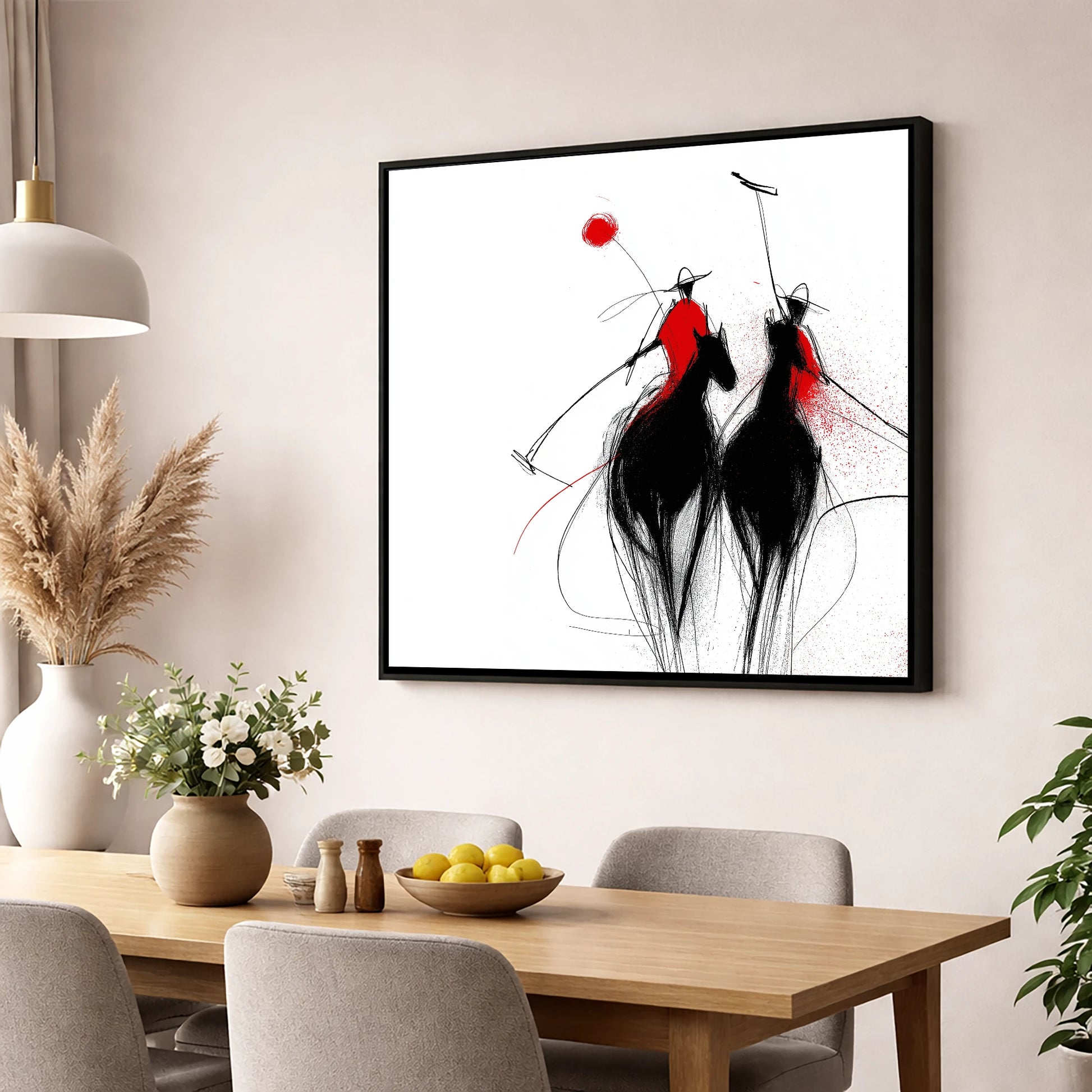 Crimson Chukka polo horse wall art displayed in a dining room