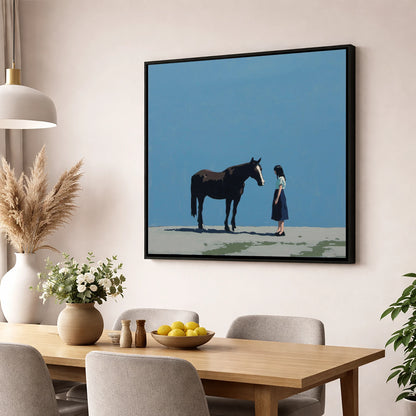 A Quiet Accord horse & rider wall art displayed in a dining room