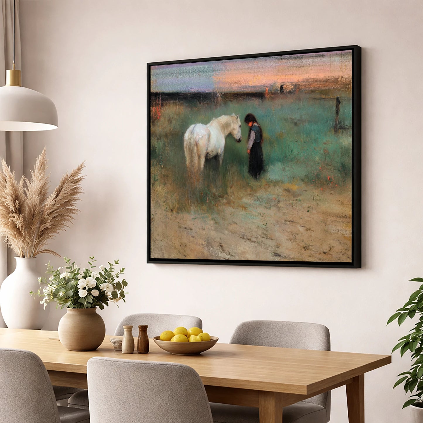 The Quiet Bond horse & rider wall art displayed in a dining room