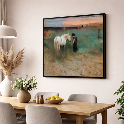 The Quiet Bond horse & rider wall art displayed in a dining room
