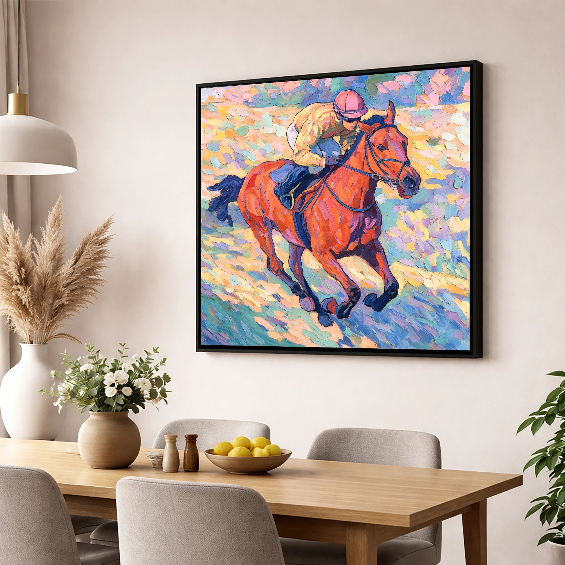 Vibrant Final Furlong racing horse wall art displayed in a dining room