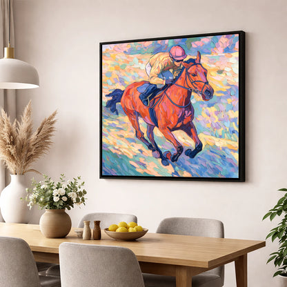 Vibrant Final Furlong racing horse wall art displayed in a dining room