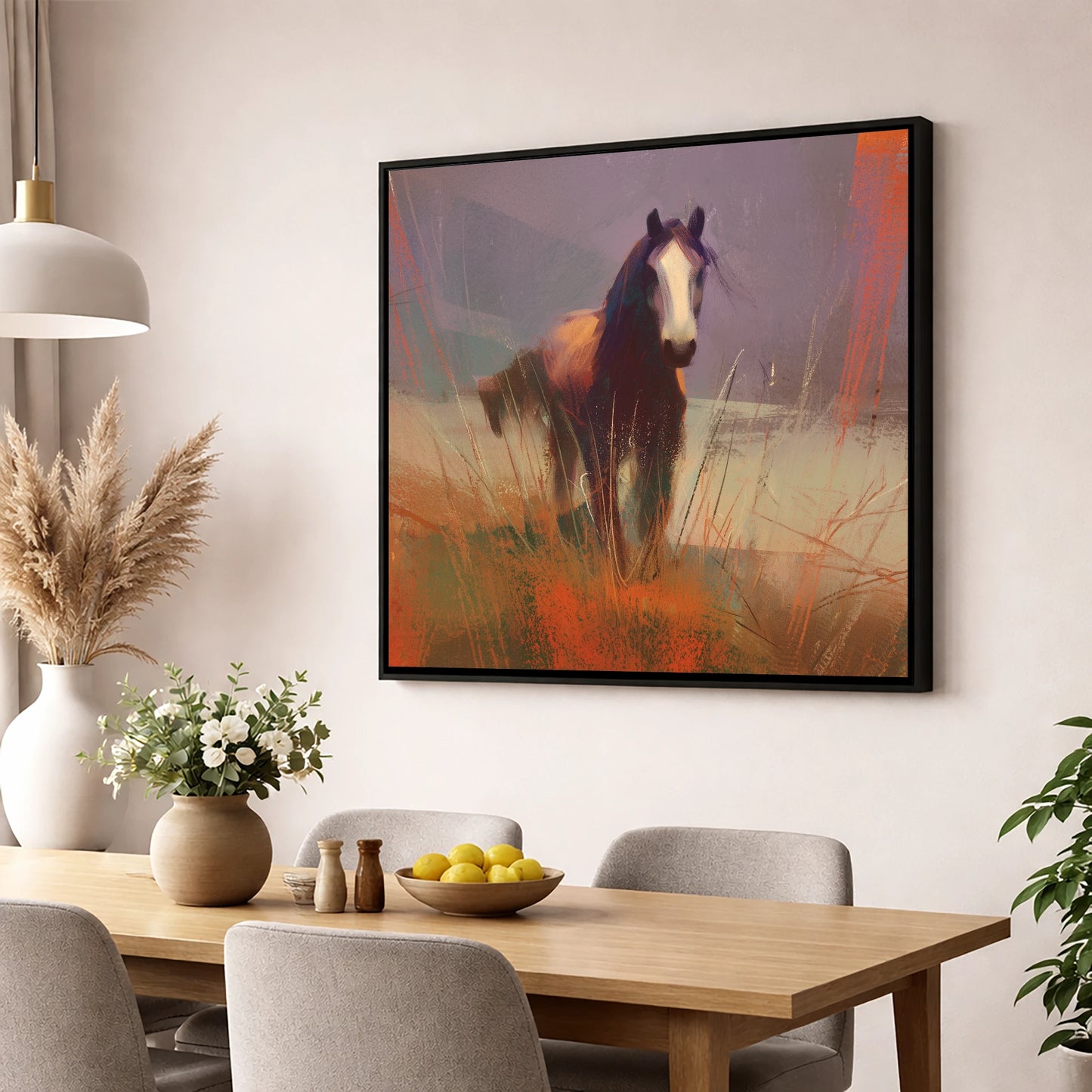 Autumn Sienna Portrait wild horses wall art displayed in a dining room