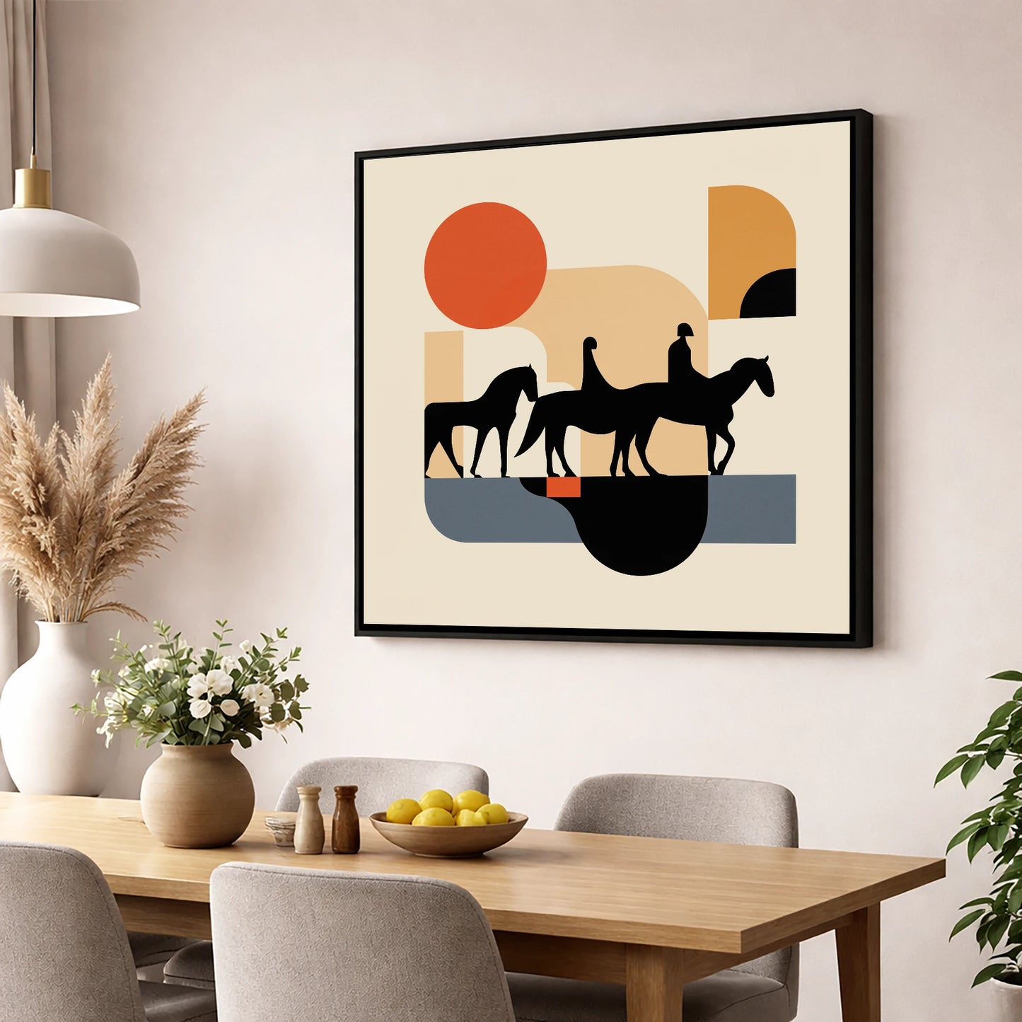 Retro Equine Trail horse landscape wall art displayed in a dining room