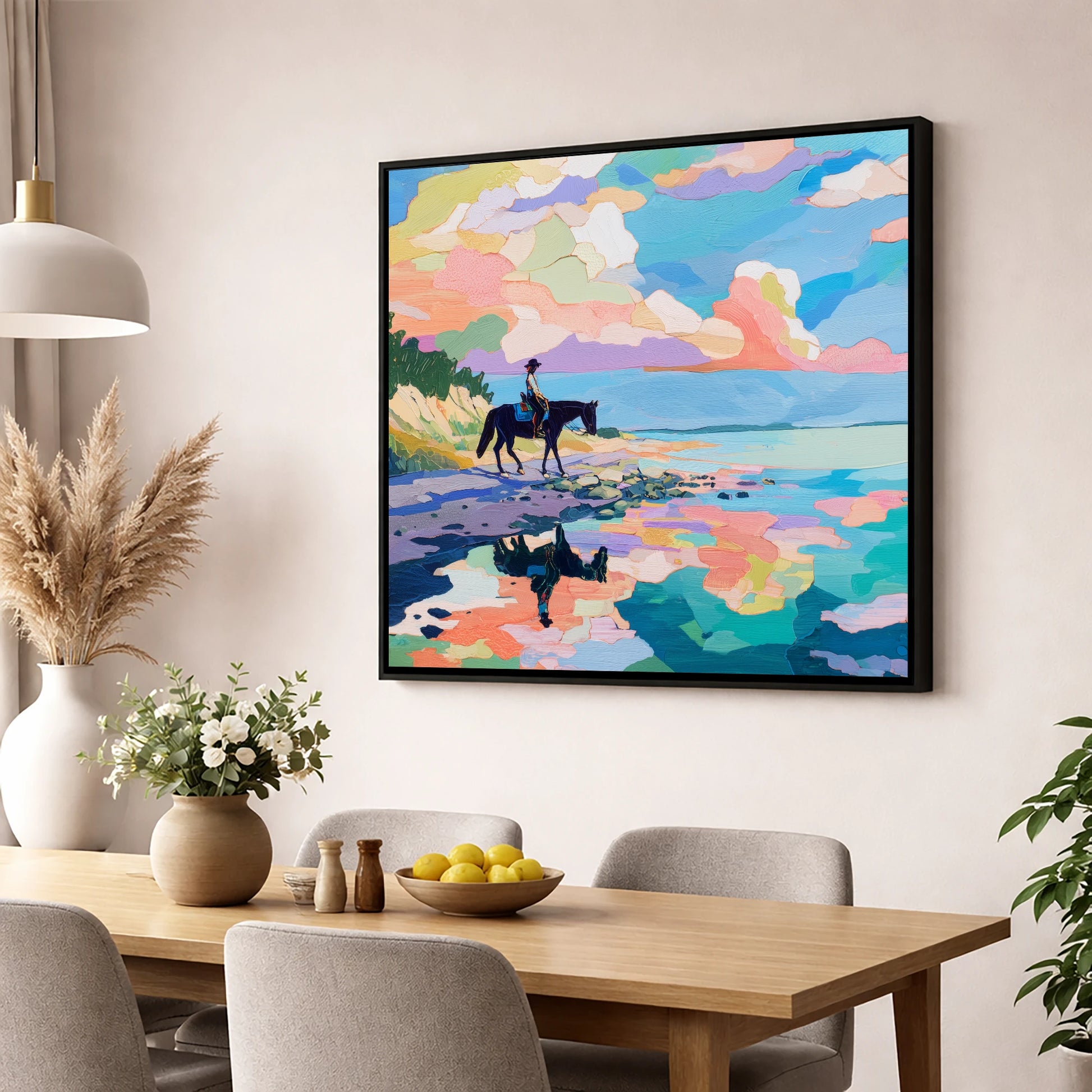 Technicolour Tide beach horse wall art displayed in a dining room