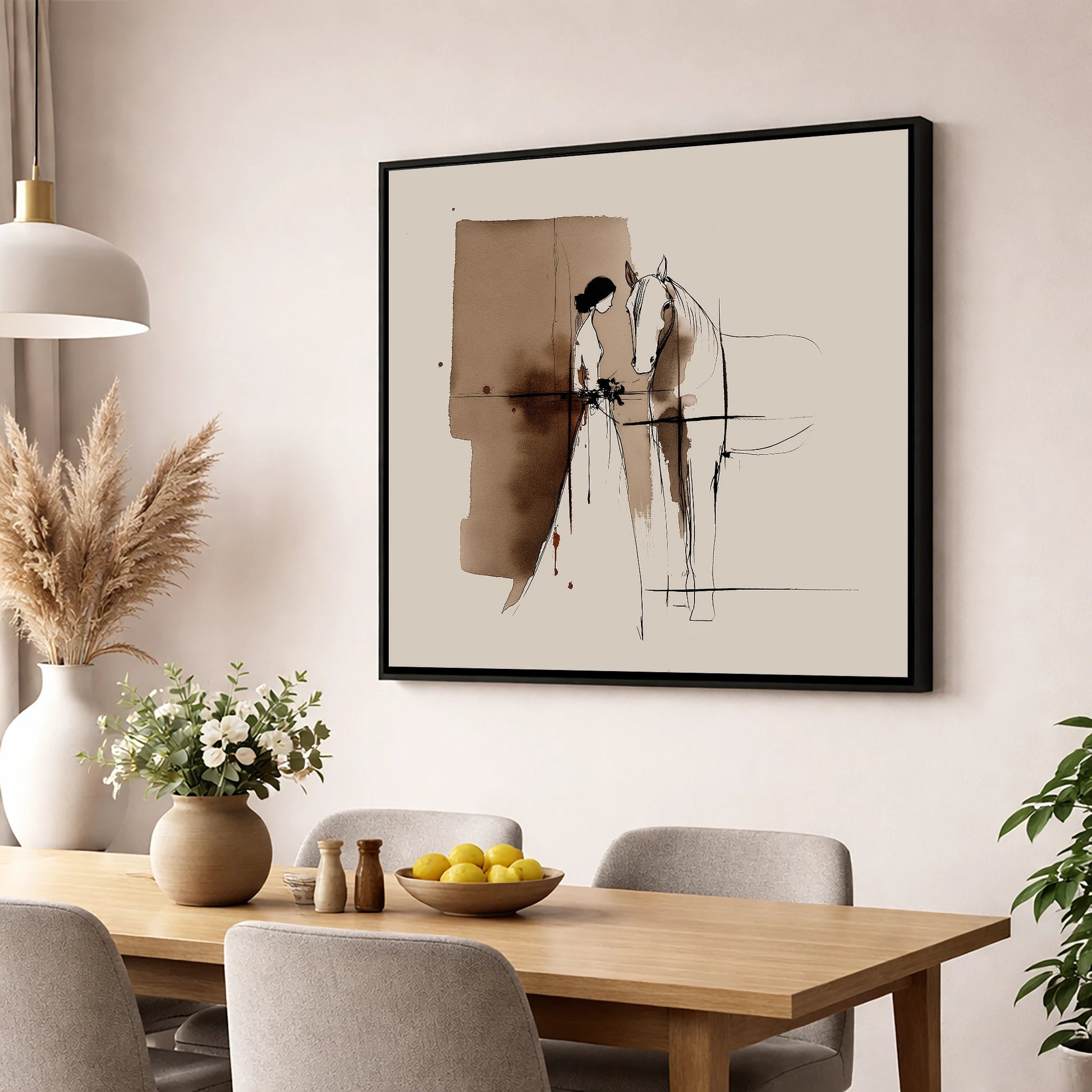 Silent Devotion horse & rider wall art displayed in a dining room