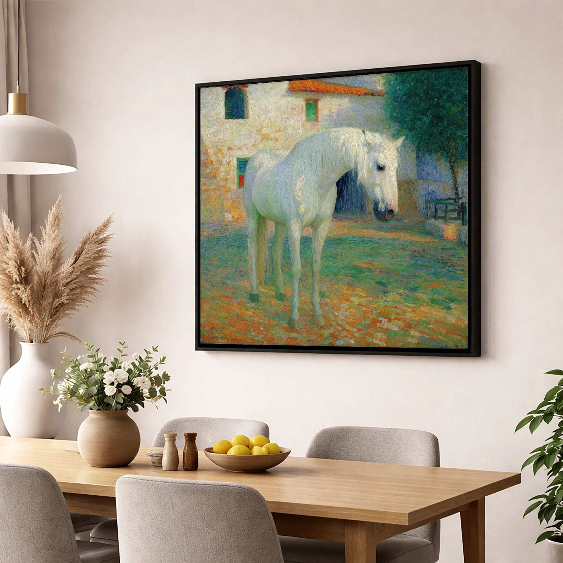 Sunlit Courtyard Grey horse breed wall art displayed in a dining room