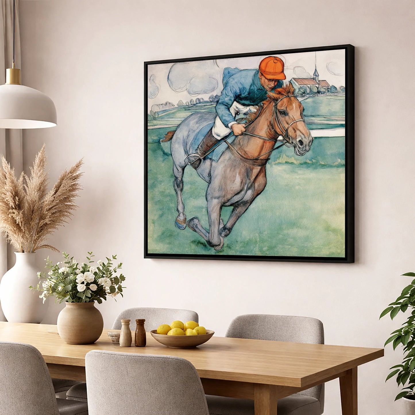 The Final Furlong racing horse wall art displayed in a dining room