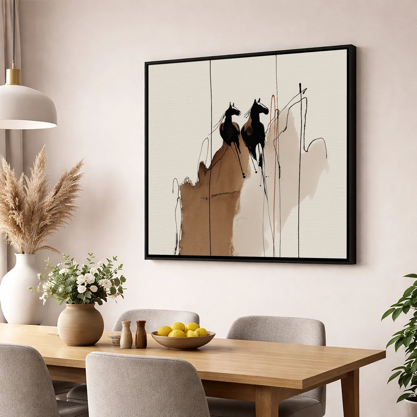 Sepia Shadows horse portrait wall art displayed in a dining room