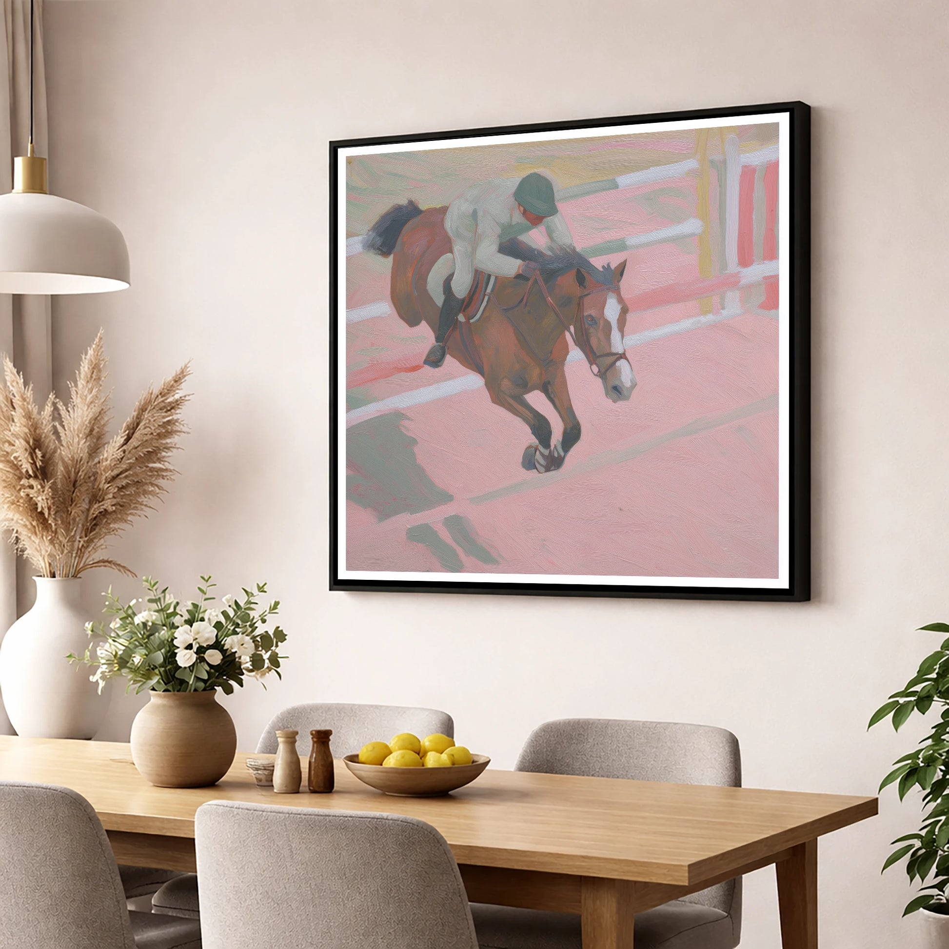 Suspended in Pink show jumping horse wall art displayed in a dining room
