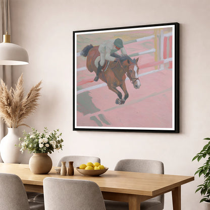 Suspended in Pink show jumping horse wall art displayed in a dining room