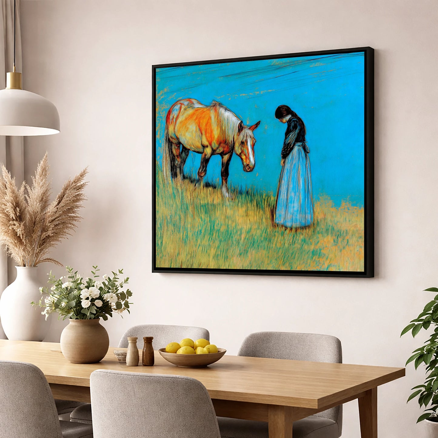 Cerulean Bond horse & rider wall art displayed in a dining room