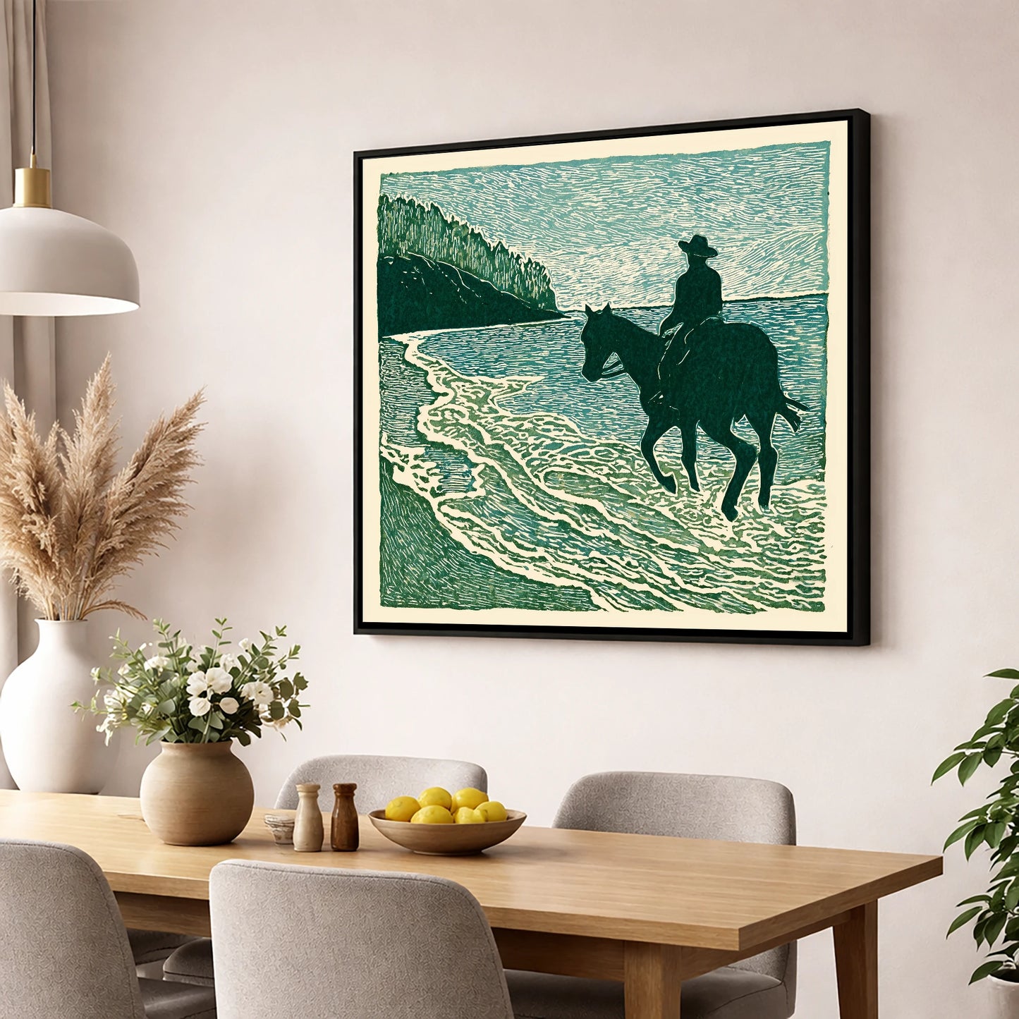 Edge of the Tide beach horse wall art displayed in a dining room