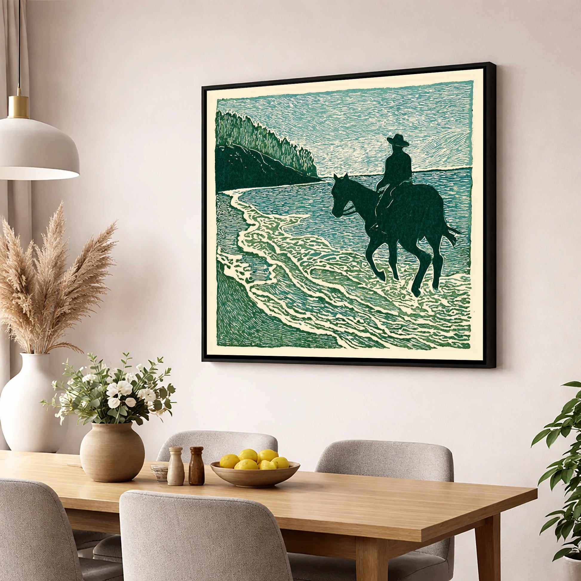 Edge of the Tide beach horse wall art displayed in a dining room