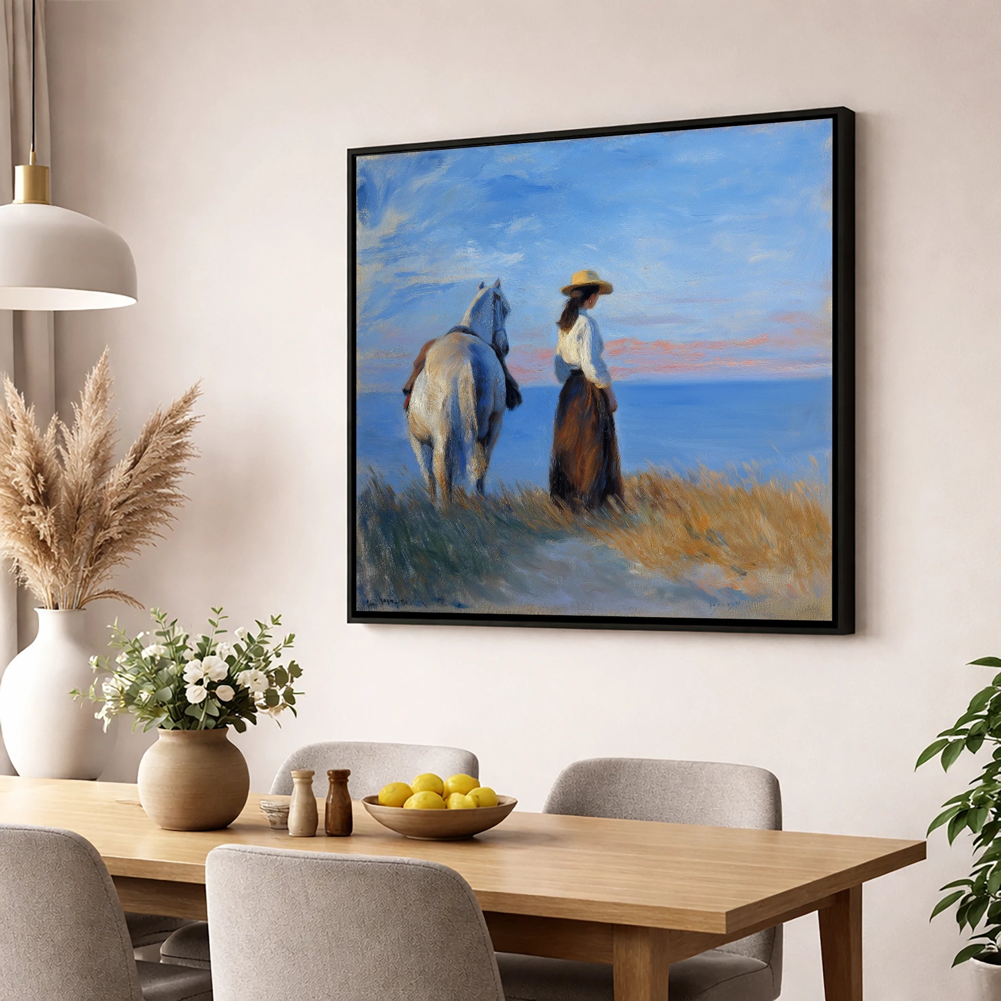 Contemplating the Horizon horse & rider wall art displayed in a dining room