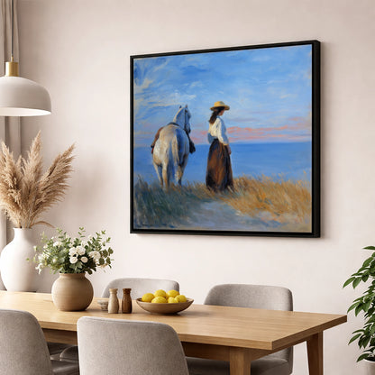 Contemplating the Horizon horse & rider wall art displayed in a dining room