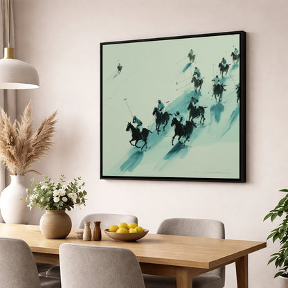 The Downfield Charge polo horse wall art displayed in a dining room