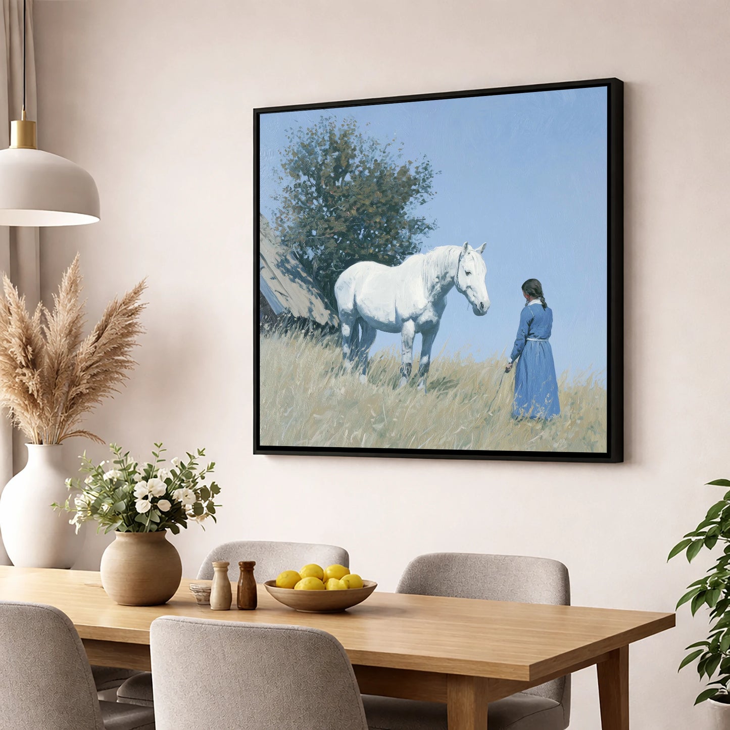 Quiet Companionship horse & rider wall art displayed in a dining room