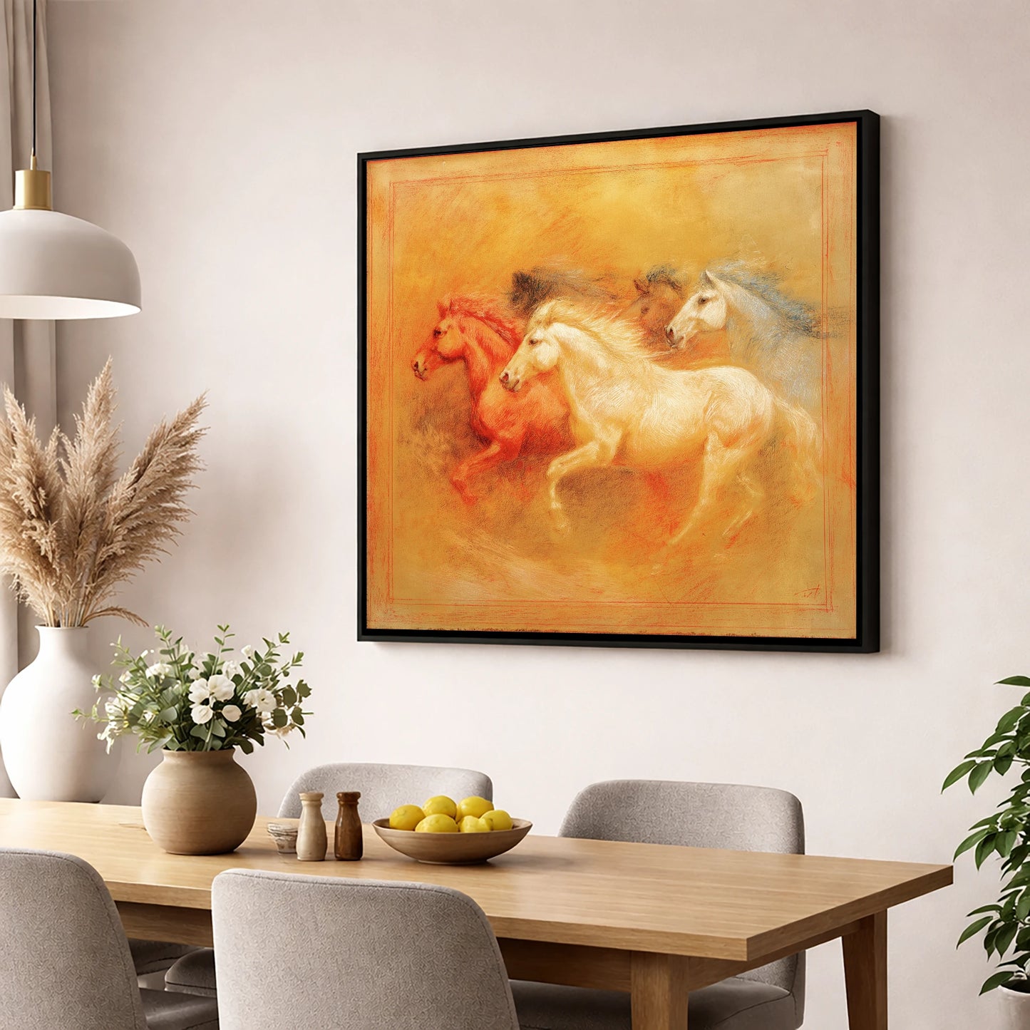 Spirited Terracotta Herd wild horses wall art displayed in a dining room