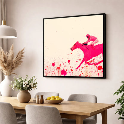 Velocity in Magenta racing horse wall art displayed in a dining room