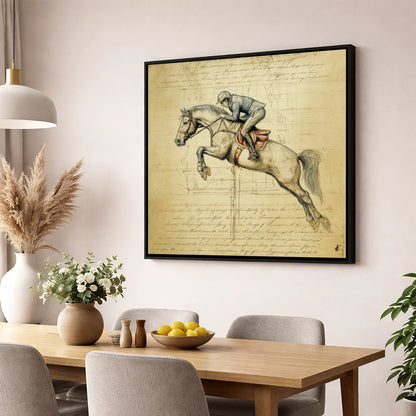 The Scholar's Jump show jumping horse wall art displayed in a dining room
