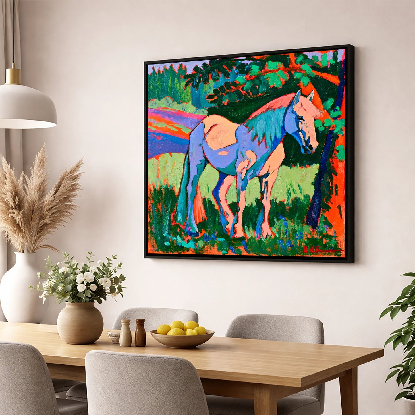 Vibrant Blue Horse Under Tree horse breed wall art displayed in a dining room