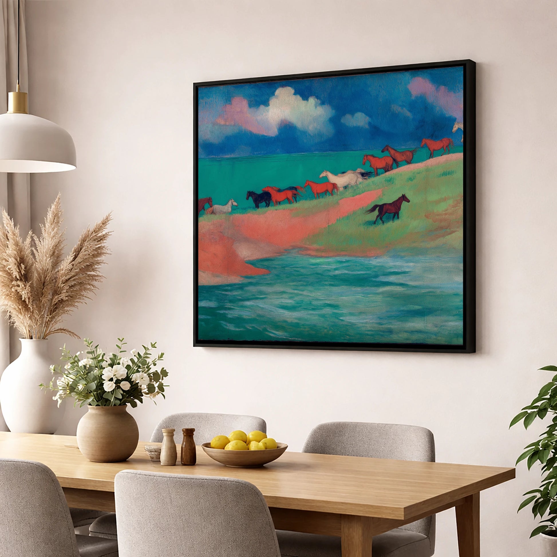Spirited Coastal Herd wild horses wall art displayed in a dining room