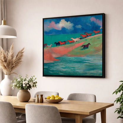 Spirited Coastal Herd wild horses wall art displayed in a dining room