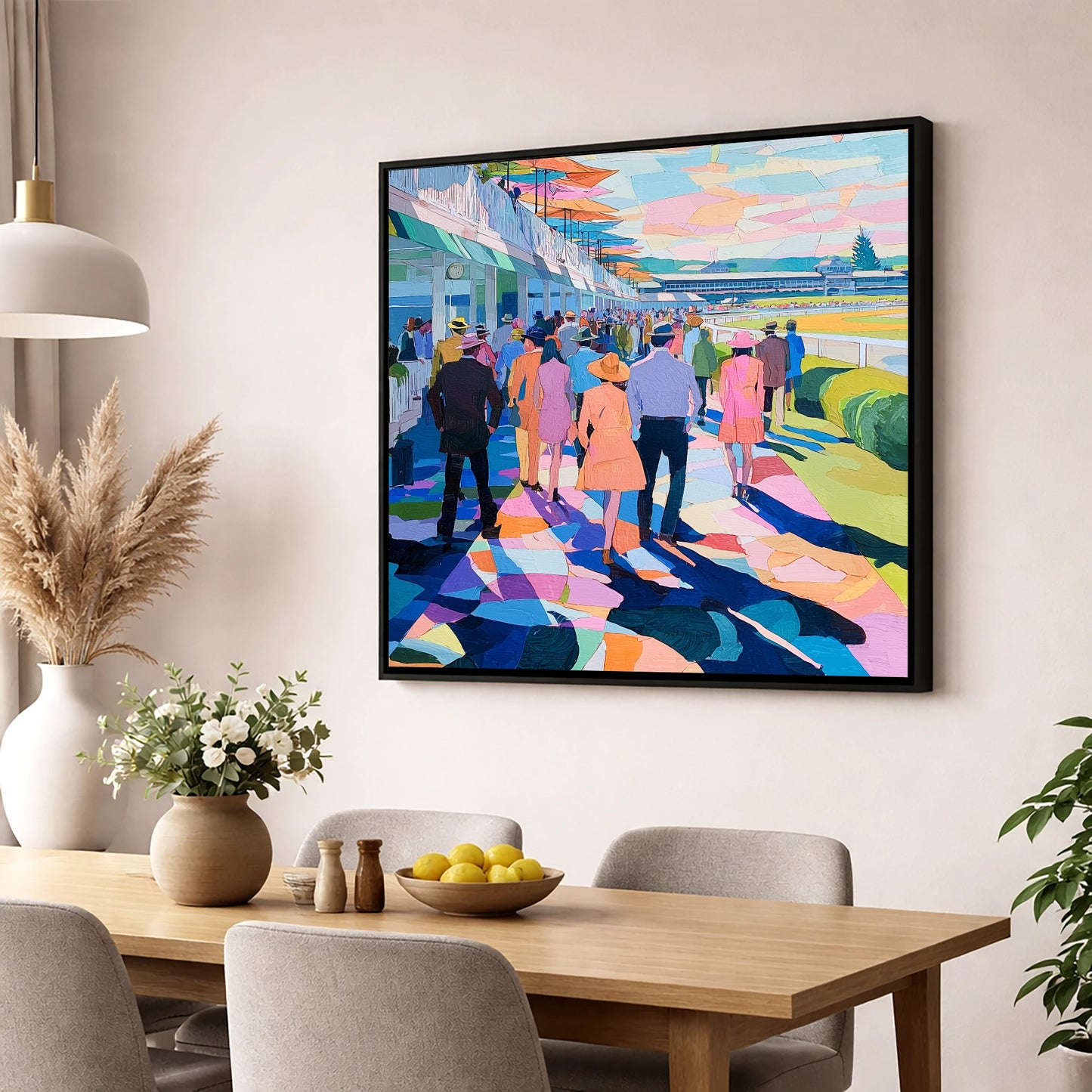 Vibrant Grandstand Parade racing horse wall art displayed in a dining room