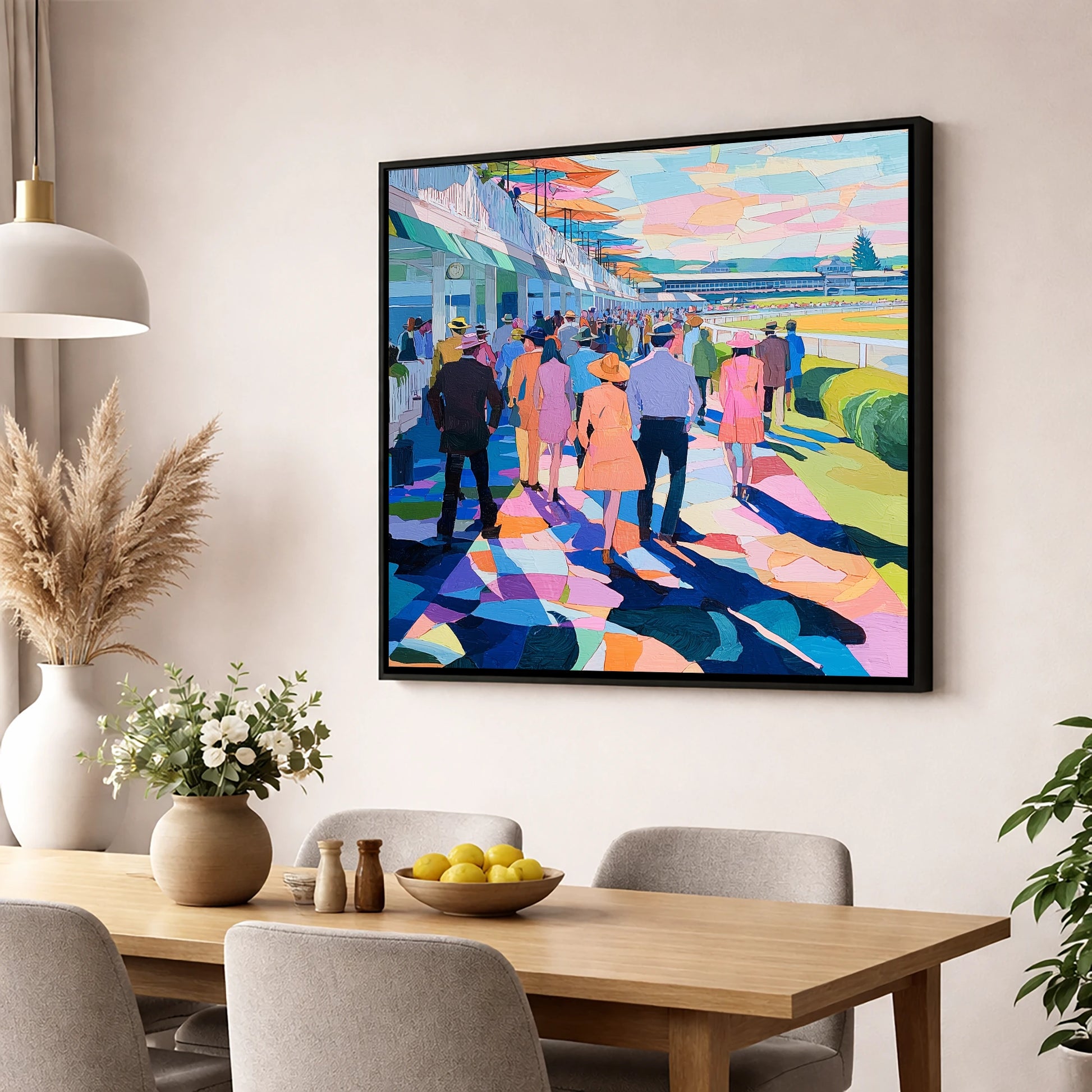 Vibrant Grandstand Parade racing horse wall art displayed in a dining room