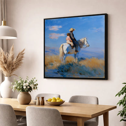 Shared Horizon horse & rider wall art displayed in a dining room