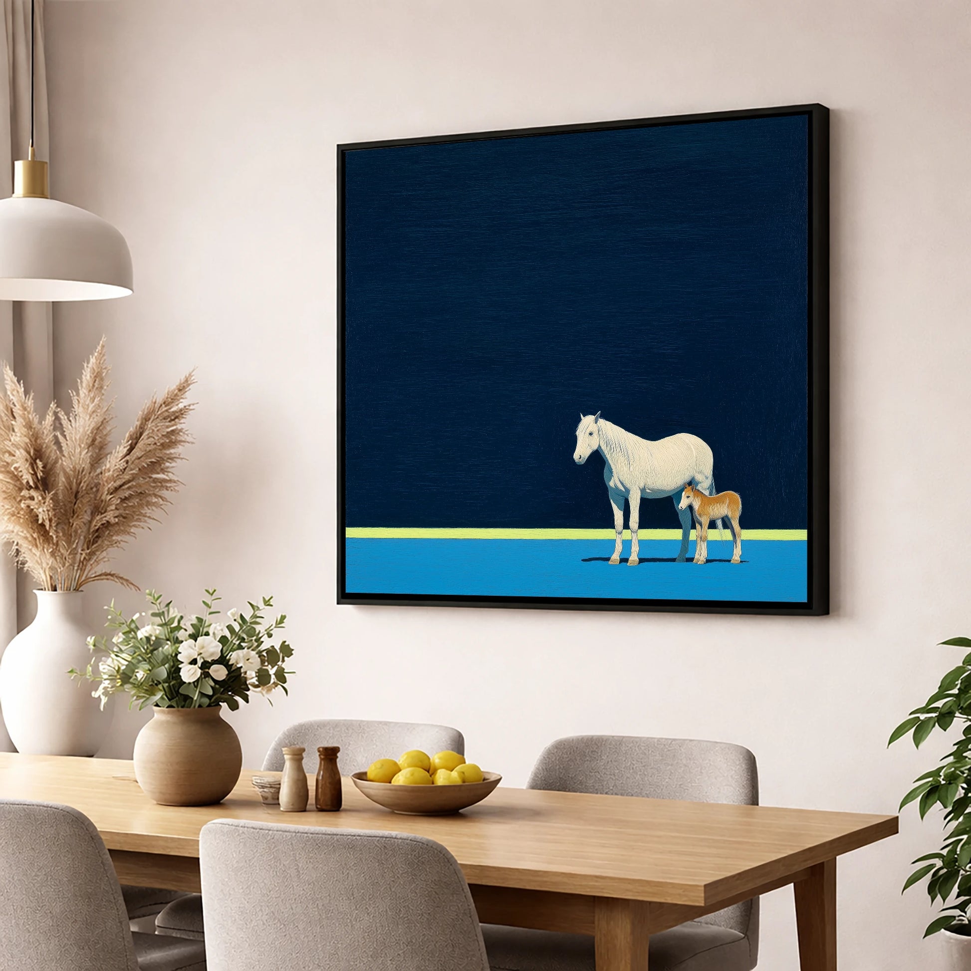 Midnight Horizon Mare And Foal mare & foal wall art displayed in a dining room