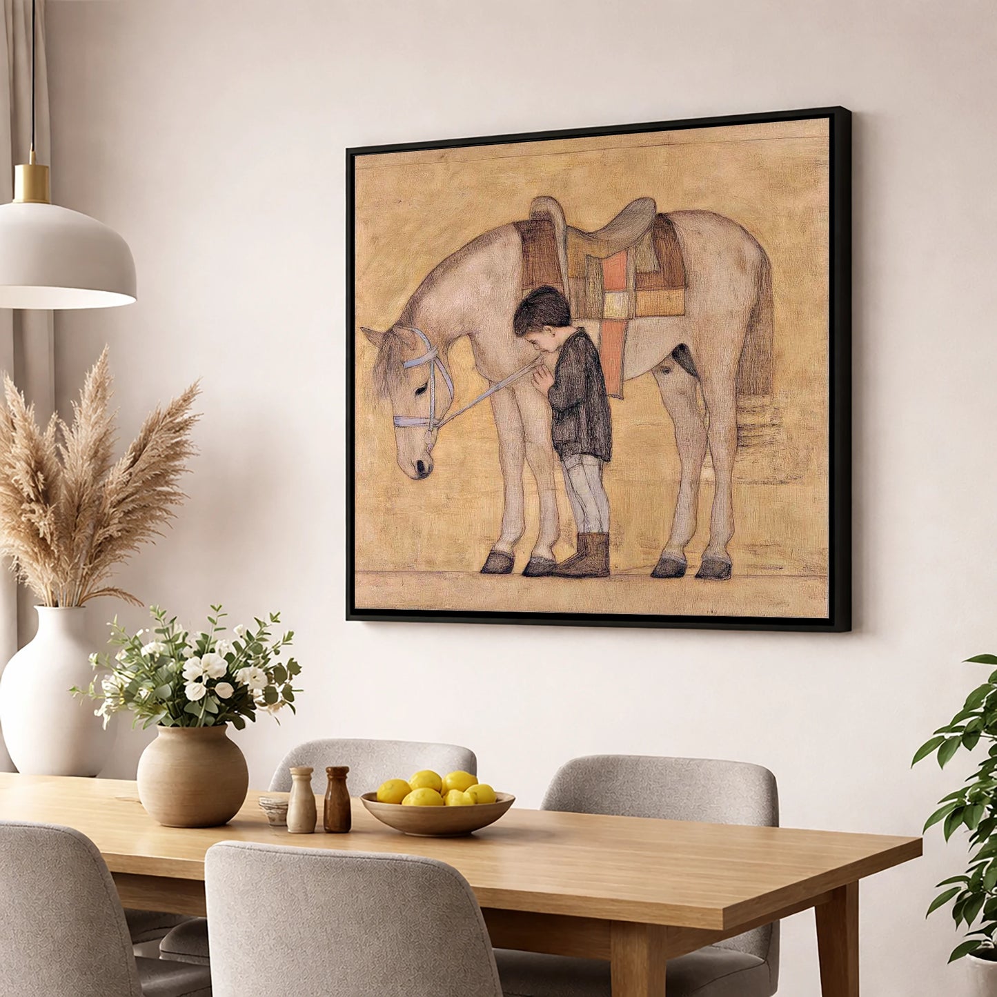 The Quiet Bond horse & rider wall art displayed in a dining room