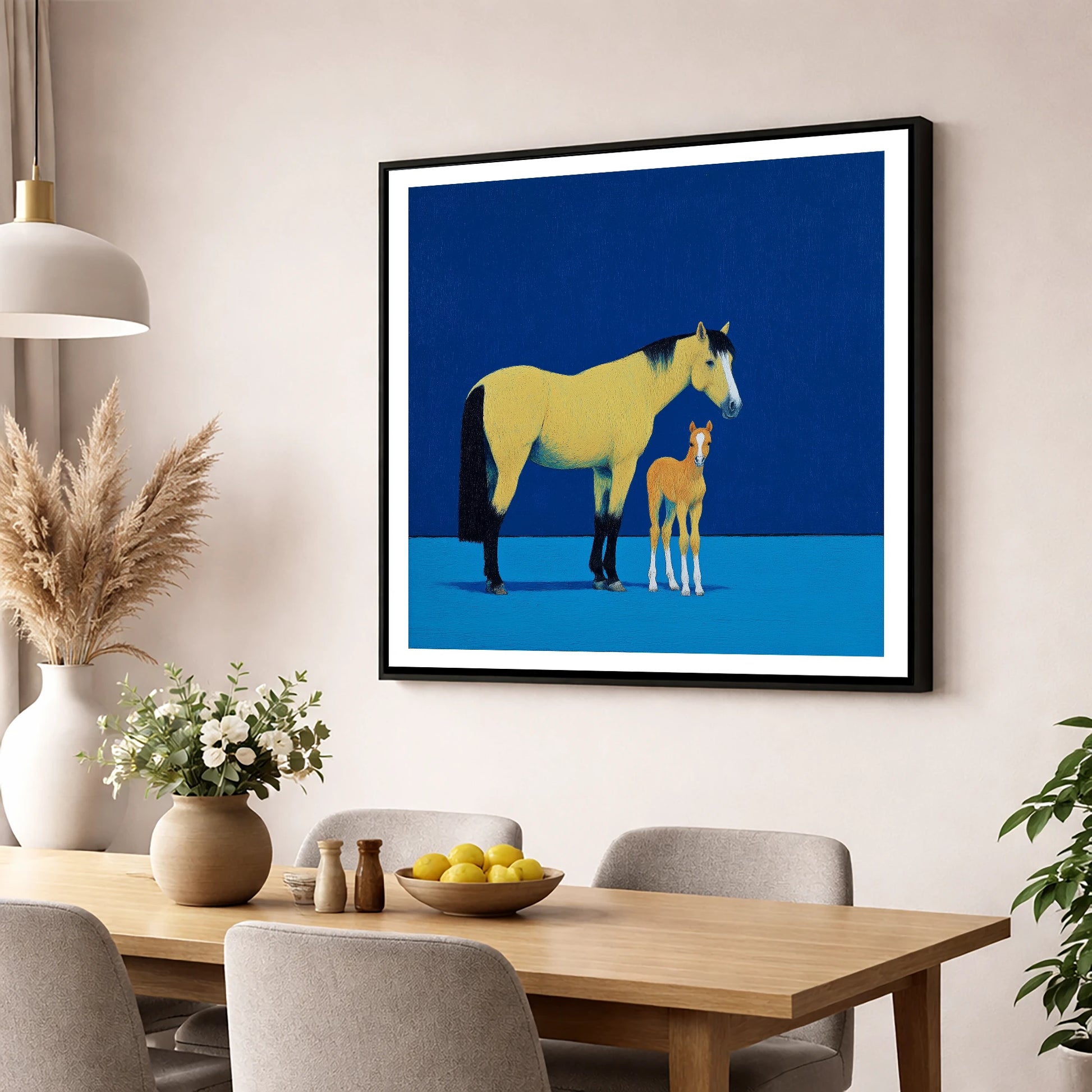 Striking Bonds in Blue mare & foal wall art displayed in a dining room