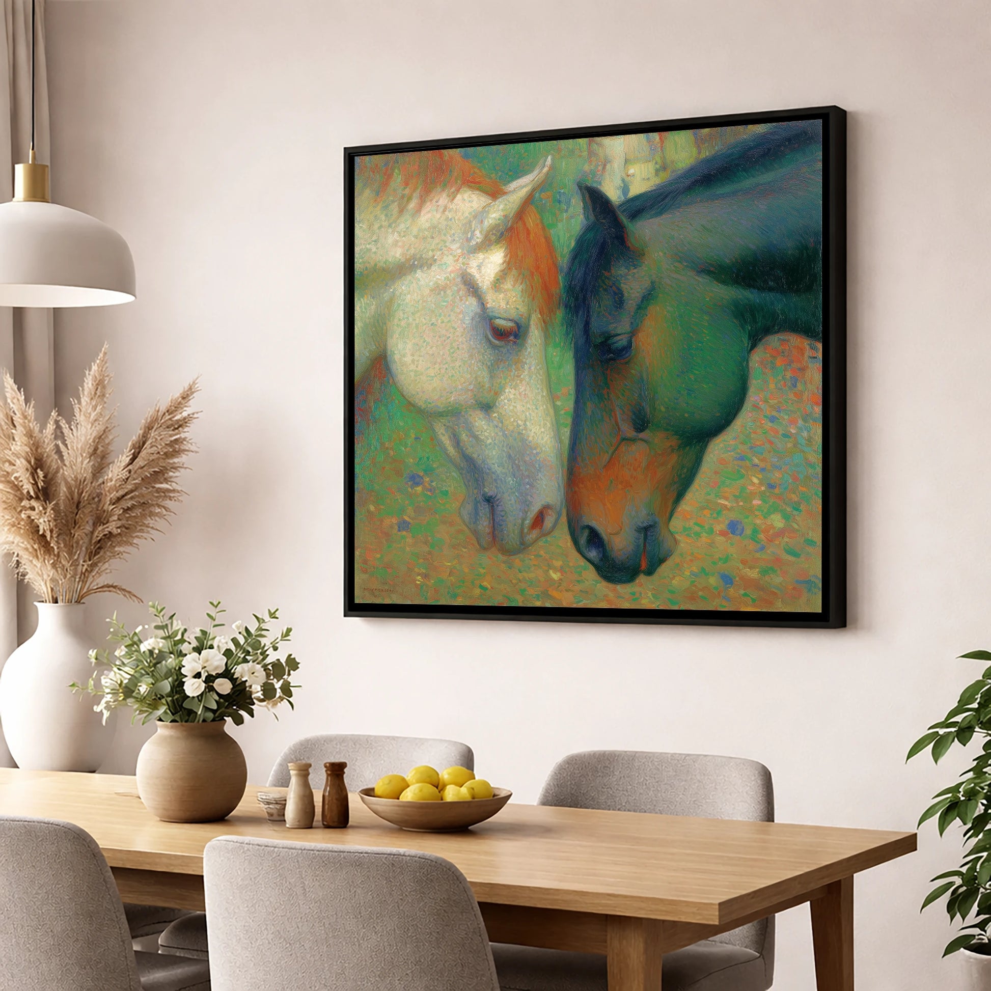 Dappled Companions horse portrait wall art displayed in a dining room
