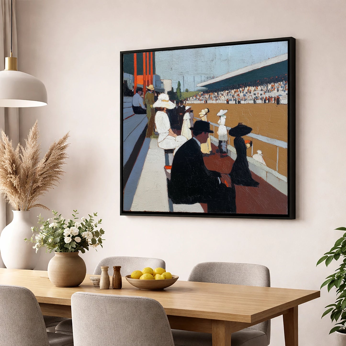 The Grandstand Spectacle racing horse wall art displayed in a dining room