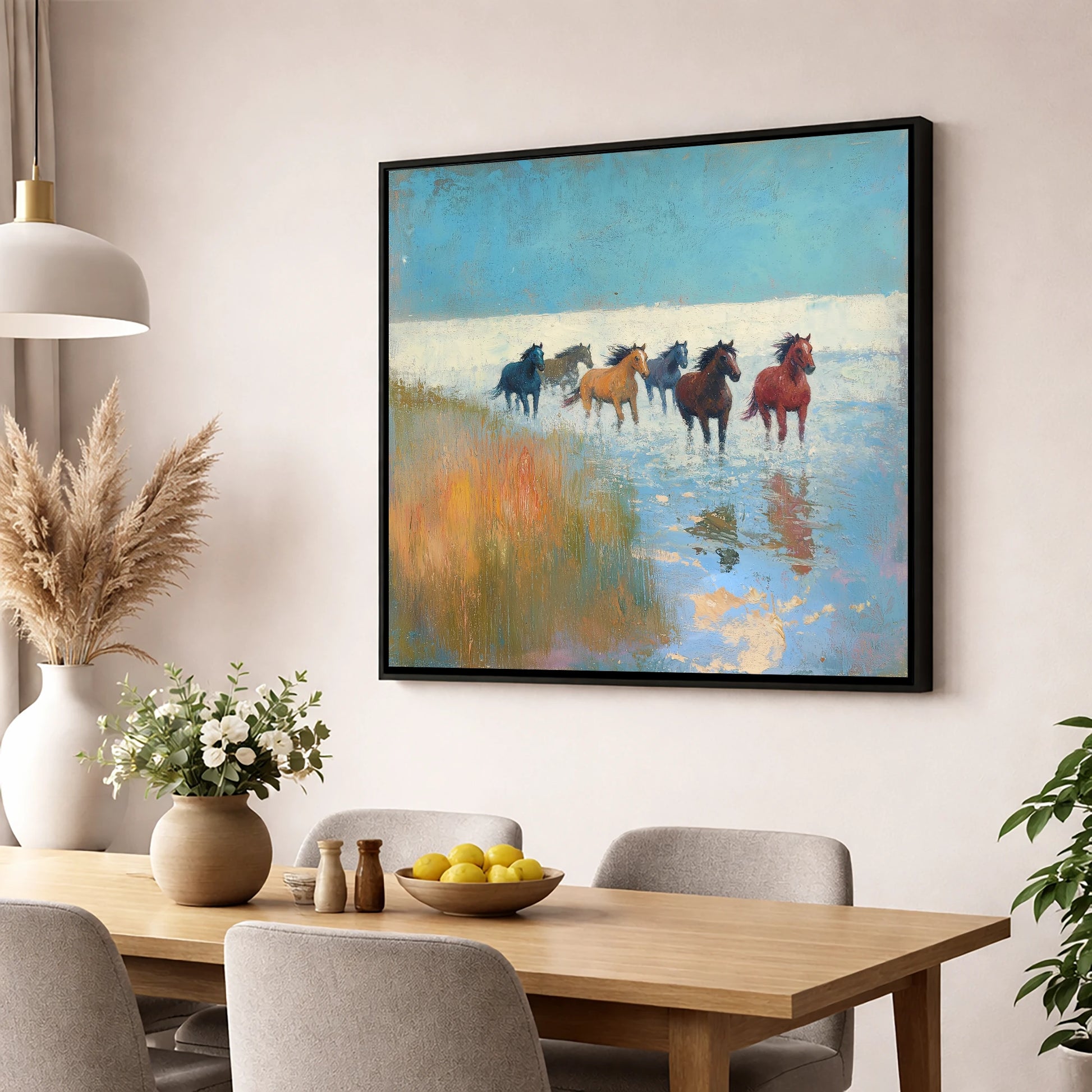 Through the Shallows wild horses wall art displayed in a dining room