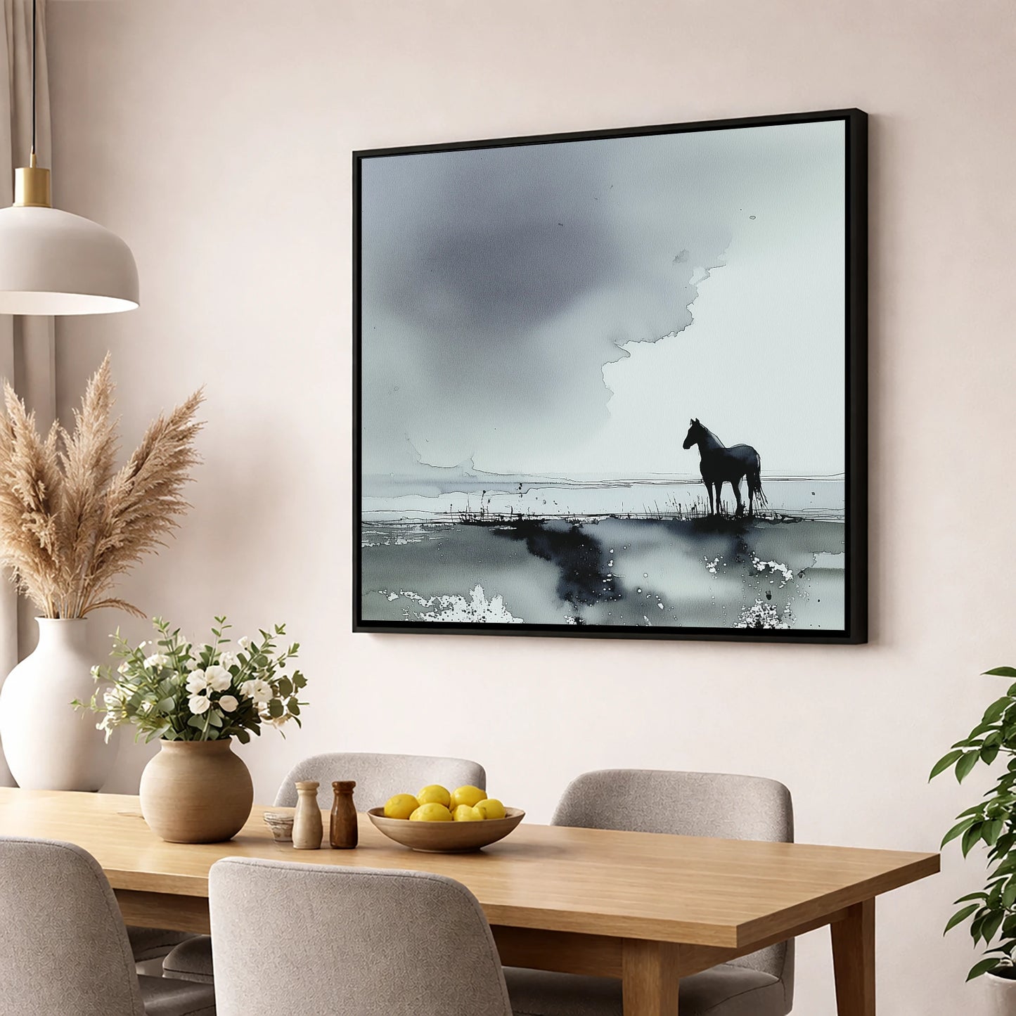 Quiet Grey Horizon horse landscape wall art displayed in a dining room