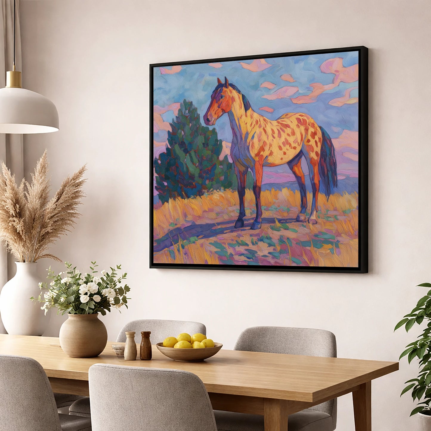 Painted Prairie Appaloosa horse breed wall art displayed in a dining room