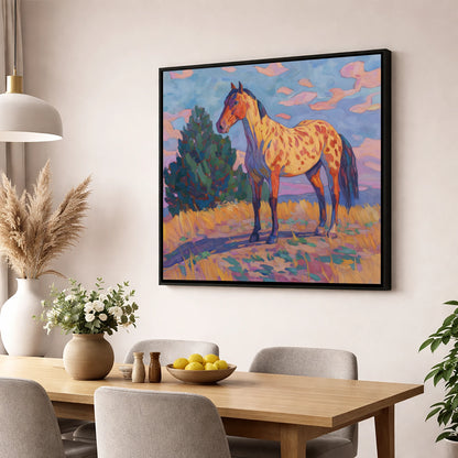 Painted Prairie Appaloosa horse breed wall art displayed in a dining room