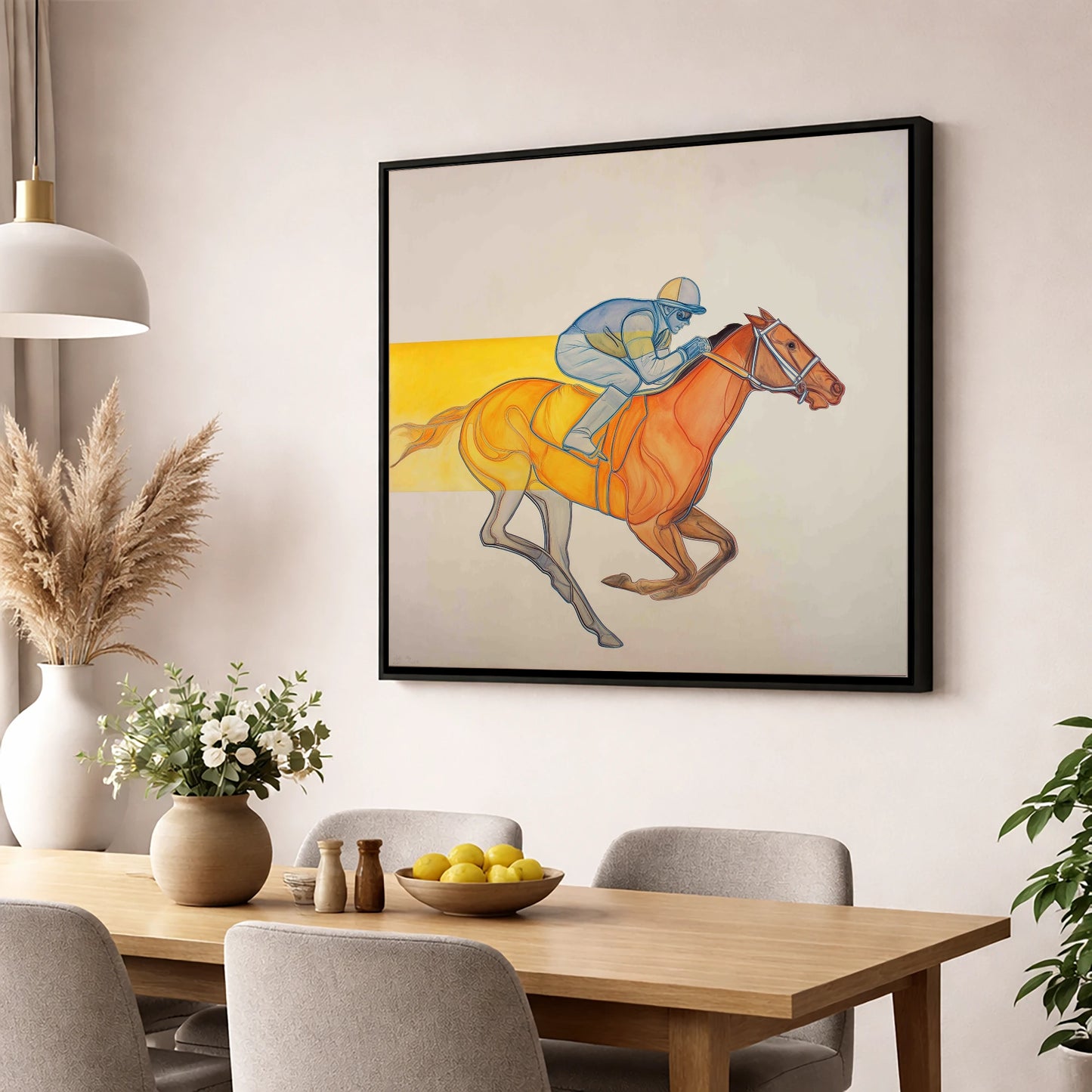 Radiant Racing Stride racing horse wall art displayed in a dining room